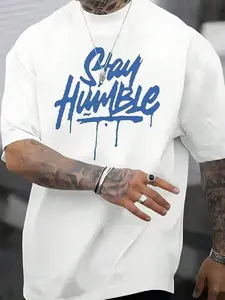 Men's Plus Size Blue Letter Print T-Shirt, Comfortable Breathable Daily Wear, Casual Relaxing Outdoor Activity Tee, Streetwear