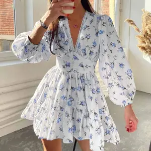 2026 Spring New Women's Clothing: Cross-Border European And American Dresses, Elegant Sweet Waist-Cinching Printed Lace Short Dress