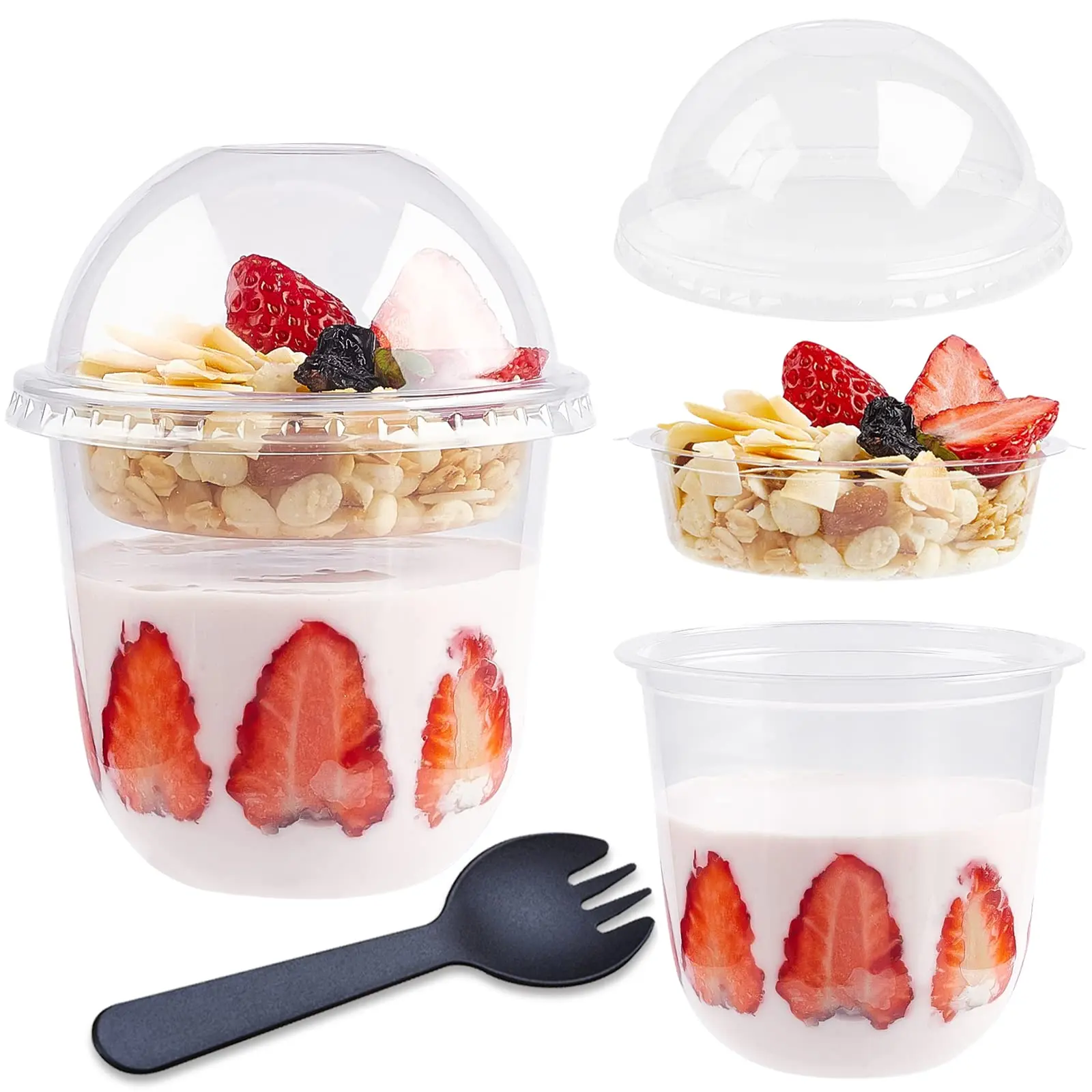 12 oz Clear Plastic Yogurt Parfait Cups with Lids Disposable To Go Cereal Cups for Breakfast Snack Fruit, Veggies and Dips (50 Cups+Inserts+Sporks+Dome Lids)