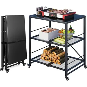 Outdoor BBQ Table, 3-Tier Pizza Oven Rack, Carbon Steel BBQ Prep Table, Fits 22-inch Pizza Oven/Baking Pan, Portable Rolling Cart Kitchen Island with Locking Wheels