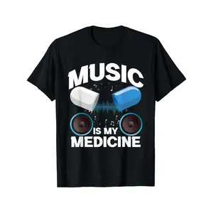 Music Is My Medicine Graphic Tee - Black Crew Neck T-Shirt for Men & Women| Casual Summer & Spring Top with Musician & Guitar Design, Relaxed Fit, 180G, Short Sleeve, Vintage Style