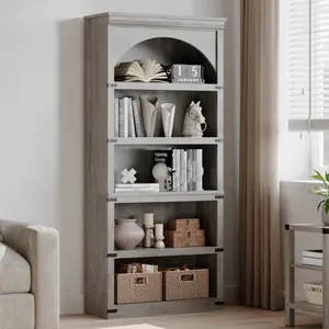Arched Bookcase 5 Shelf Bookshelf 68.7 in Tall Bookcase Farmhouse Curved Storage Rack Wooden Bookshelves for Home Office, Living Room,Gray pantry  cabinet