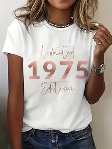 Women's Vintage 1975 Limited Edition Graphic T-Shirt - Soft Breathable Short Sleeve Crew Neck Casual Top with Cursive Script Print, Machine Washable Spring Summer Tee, Vintage T Shirts, Casual Attire, Nontransparent Fabric