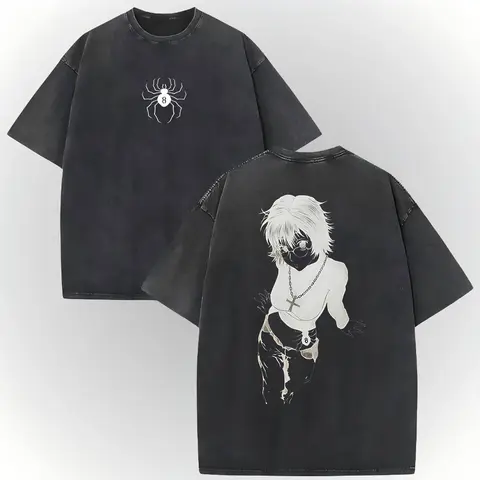 Men's Hunter X Hunter Shizuku Graphic T-Shirt - 100% Heavyweight Cotton Fabric, Vintage Washed, Ribbed Elastic Knit, Short-Sleeve, Loose Baggy Fit, Round Neck, Casual Anime Merchandise (Size L),sohochic