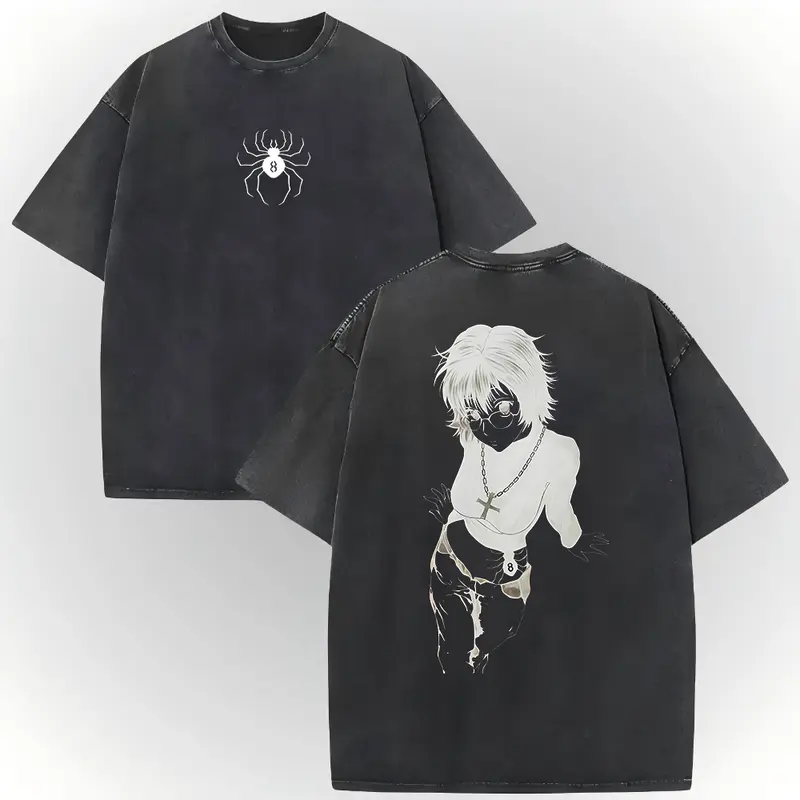 Men's Hunter X Hunter Shizuku Graphic T-Shirt - 100% Heavyweight Cotton Fabric, Vintage Washed, Ribbed Elastic Knit, Short-Sleeve, Loose Baggy Fit, Round Neck, Casual Anime Merchandise (Size L),sohochic