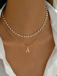 Initial Pendant Necklace, Elegant Faux Pearl Decor Layered Necklace for Women for Gift, Stainless Steel Jewelry for Daily Wear
