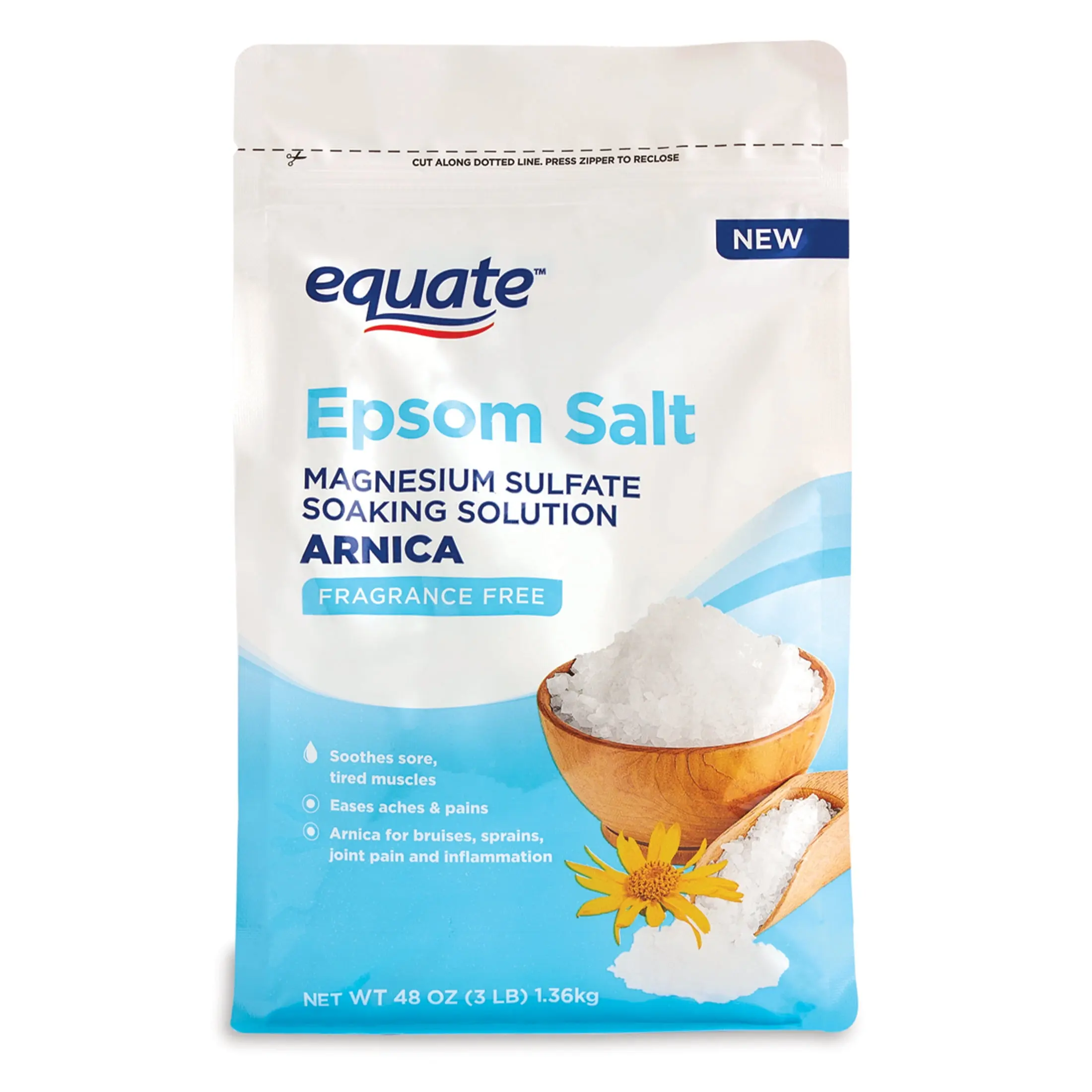 Equate Epsom Salt Bath Soak with Arnica 3 lb Calming Relaxation Muscle Relief Soothing Magnesium Sulfate Solution for Full Body & Foot Soaks