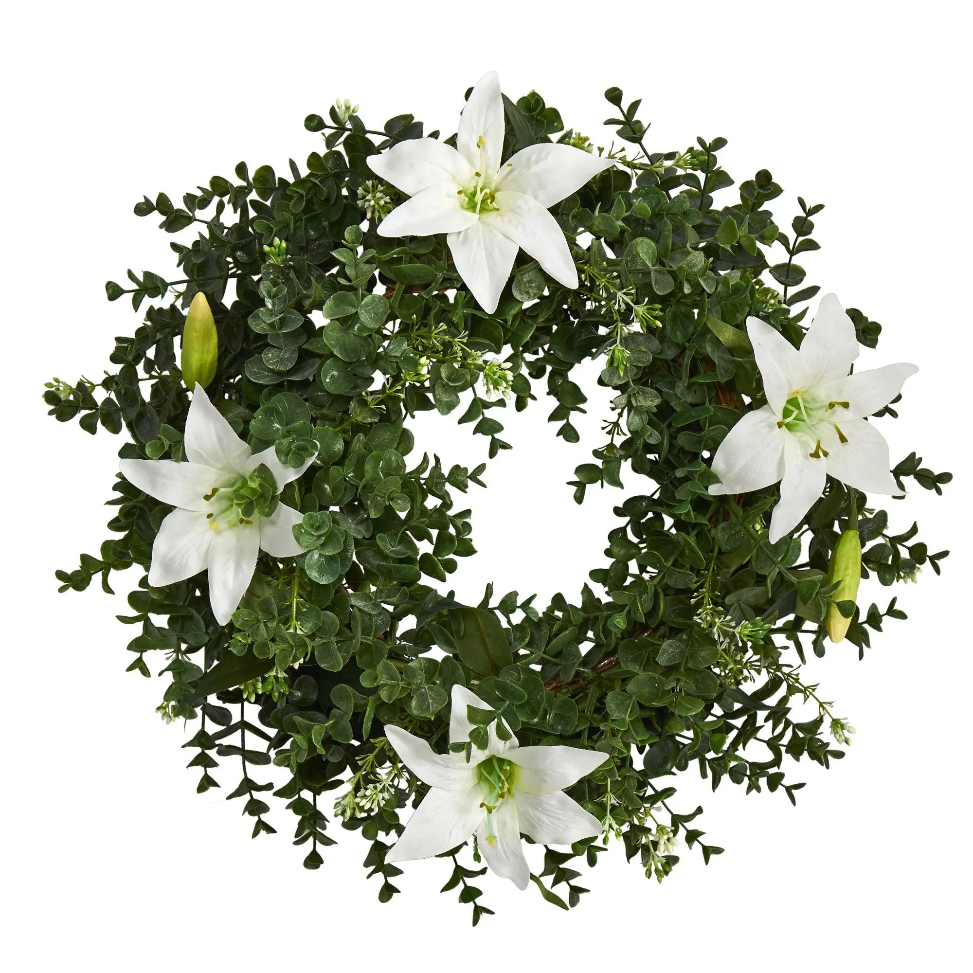 18" Circumference Traditional Double Ring Artificial Wreath - Silk Eucalyptus, Silk Lilies, Twig Base - Long-Lasting Photorealistic Decorative Piece for Indoor/Outdoor Home Displays