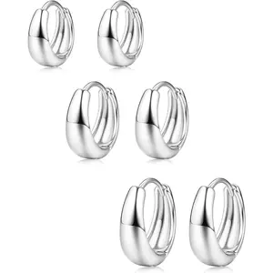 MILACOLATO 3Pairs Silver Plated Hoop Earrings Set for Women Chunky Earring Hypoallergenic Small Huggie Hoops Lightweight Tiny Thick Trendy Hoop Earrings Stacks for Multiple Piercing