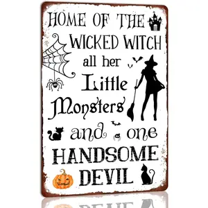 Home of the Wicked Witch All Her Little Monsters and One Handsome Devil Metal Tin Sign Halloween Witch Wall Art Retro Vintage Halloween Decor for Home Halloween Party Wall Decor 8x12 Inch