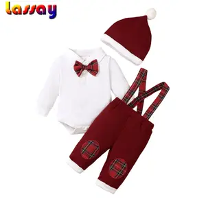 Baby Boys 3Pcs Christmas Outfits Long Sleeve Lapel Collar Romper + Pants + Hat Set Infant Clothes
