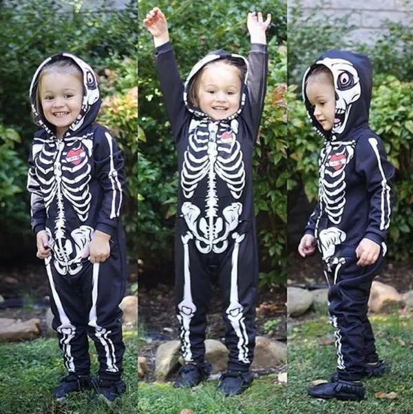 Kids Skeleton Costume Jumpsuit, Black Full Body Hooded Fantasy Outfit for Girls & Boys, Halloween Dress Up Costume for Party, Stage Performance, Photo Shoot & Special Events