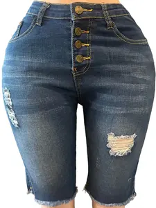 High Waist Ripped Denim Shorts For Women Fashion Stretch Skinny Knee Length Jeans Shorts Casual Female Clothing Bottoms Womenswear StreetWear Gamis
