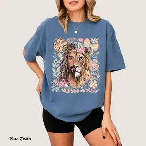 Comfort Colors Lion of Judah Tee, Biblical Floral Christian Shirt, Religious Church Graphic Top, Women's T-Shirt, Cotton Fabric, Christian Gift for Women