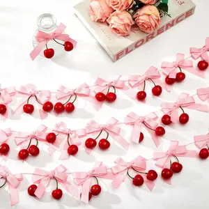 Cherry Party Decorations, Garland Ribbon, Party Decoration Supplies, Cherry Bow Garland for Summer Cherry Party, DIY Fruit Hanging Decor for Bedroom Kitchen Baptism Birthday Wedding