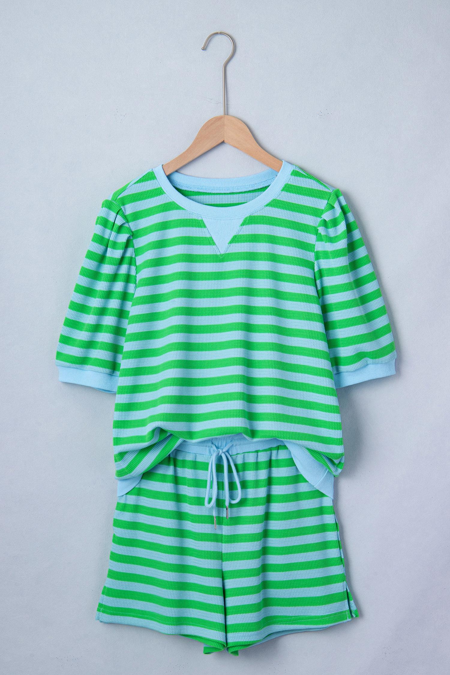 Mntaor Women’s Green Striped Puff Short Sleeve Matching Set Comfy Top Elastic Waist Shorts Perfect for Summer Vacations Beach Days Casual Outings Womenswear Clothes