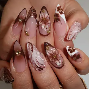 French Nail Tips Medium Almond Shape Nail Tips 5D Floral Design Shiny Brown Press-On Nails Adhesive Style Water Ripple Rhinestones Water Wave Rhinestones Reusable Spring/Summer Women's Nails Perfect Date Nail Art 24 Pieces Wearable for 7-15 Days