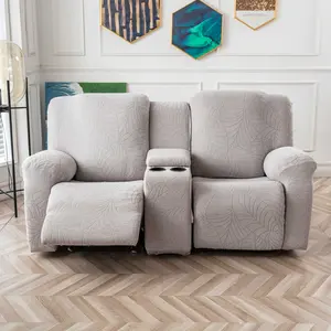 Recliner Loveseat Cover with Center Console, 2 Seater Leaf Jacquard Recliner Sofa Slipcover with Pockets, Washable Furniture Protector