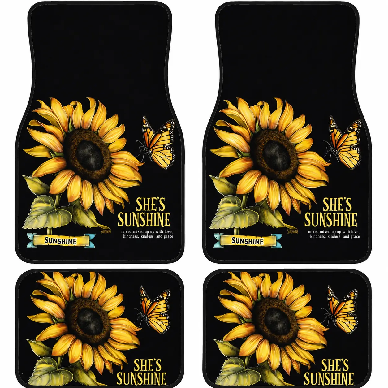 Sunlight Auto Parts 4-Piece Yellow Sunflower Car Floor Mats, Universal Mat for Front & Rear Seats, Black Polyester Fiber with Non-Slip Rubber Backing, Washable, Unisex, Mat Floor Mats