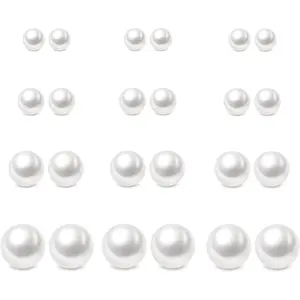 12 Pairs Pearl Studs Earrings for Women, Stainless Steel Hypoallergenic White Faux Simulated Pearl Earrings, 4 Mixed Sizes Round Ball Jewelry for Wedding Birthday Christmas