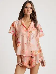 Azazie Ruffled Short Sleeve Button-Up Matching Satin Pajama Set