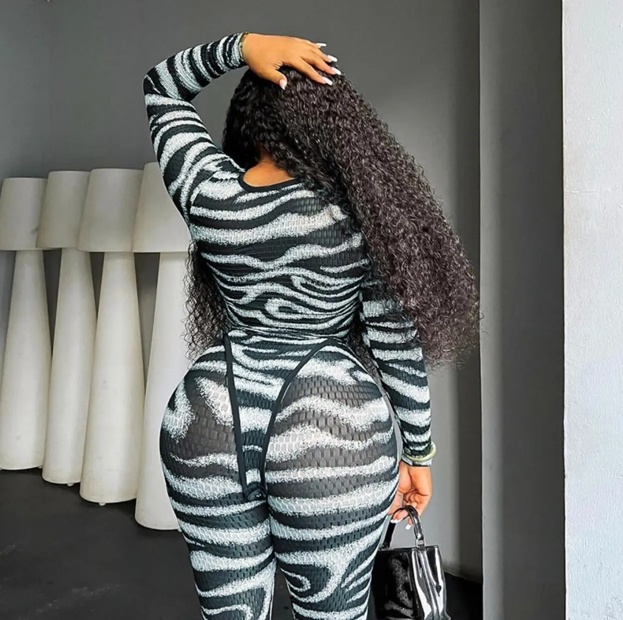 Autumn Winter Women's Zebra Print Hollow Out Bodysuit with Skinny Pants Set, Sexy Outfit