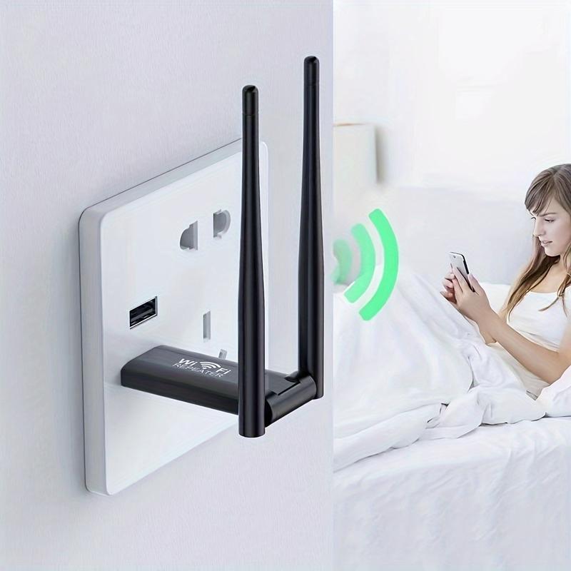 Wireless WiFi Signal Booster | 300Mbps High Speed 2.4GHz USB Repeater | Plug and play, quick setup | Portable Indoor Hotspot Extender for Office | Enhanced Range and Speed | Fashionable black design with dual antennas | US stan Wireless WiFi Signal Booster | 300Mbps High Speed 2.4GHz USB Repeater | Plug and play, quick setup | Portable Indoor Hotspot Extender for Office | Enhanced Range and Speed | Fashionable black design with dual antennas | US stan