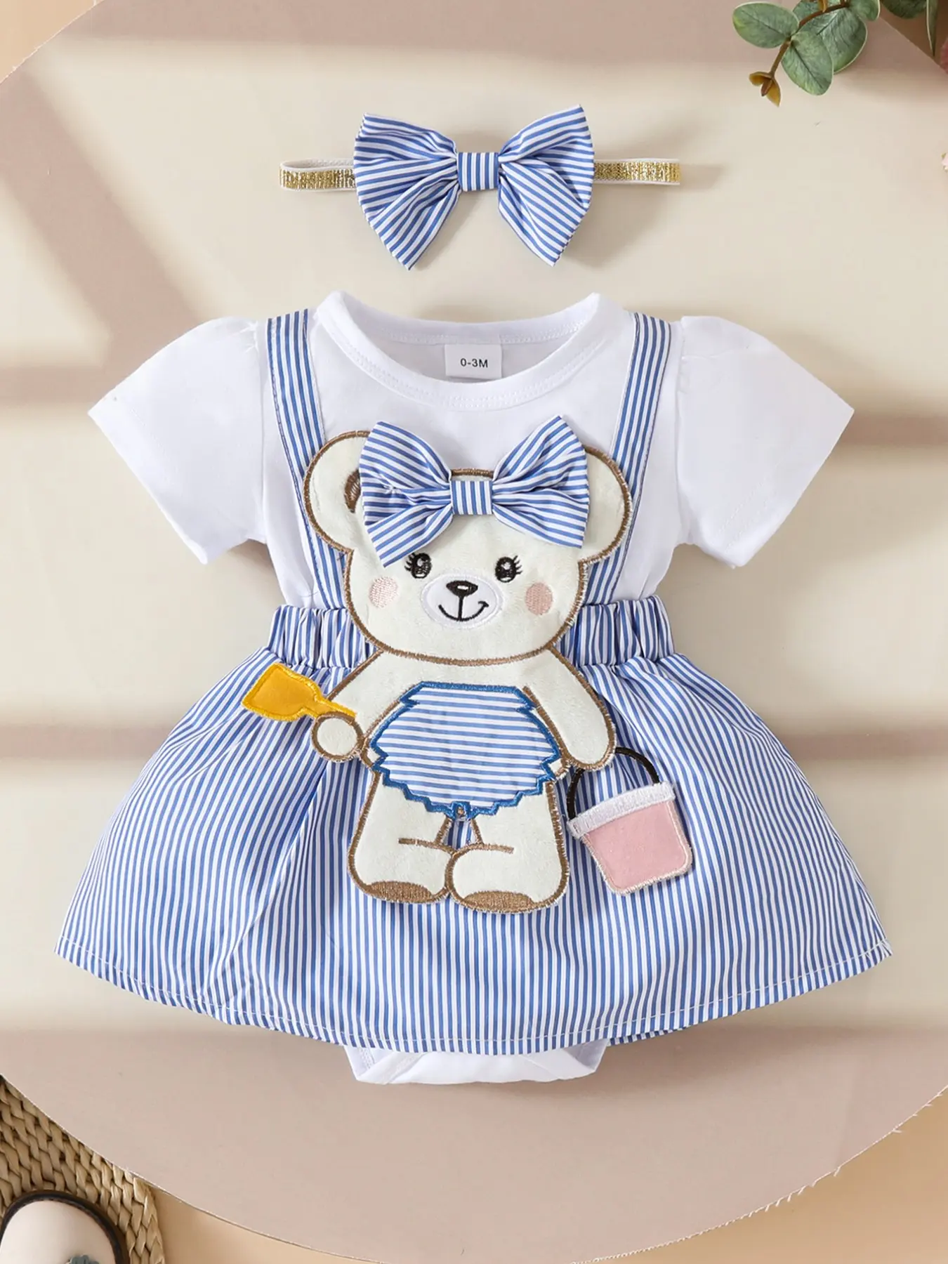 Adorable Bear Striped Ruffle Fake Strap Short Sleeve Triangle Romper + Bow Hairband, Perfect for 0-1 Year Old Girls Outdoor Activities