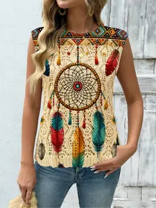 Boho Dreamcatcher Totem Print Round Neck Sweater, Casual Sleeveless Knit Top, Comfortable Warm Women's Clothing, Fall Winter Wear