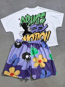 Two-Piece Set Men's Floral & Skeleton Print Short Sleeve T-Shirt & Shorts, Loose Casual Round Neck Tee & Skull Print Shorts, Men's Two-Piece Outfits for Summer