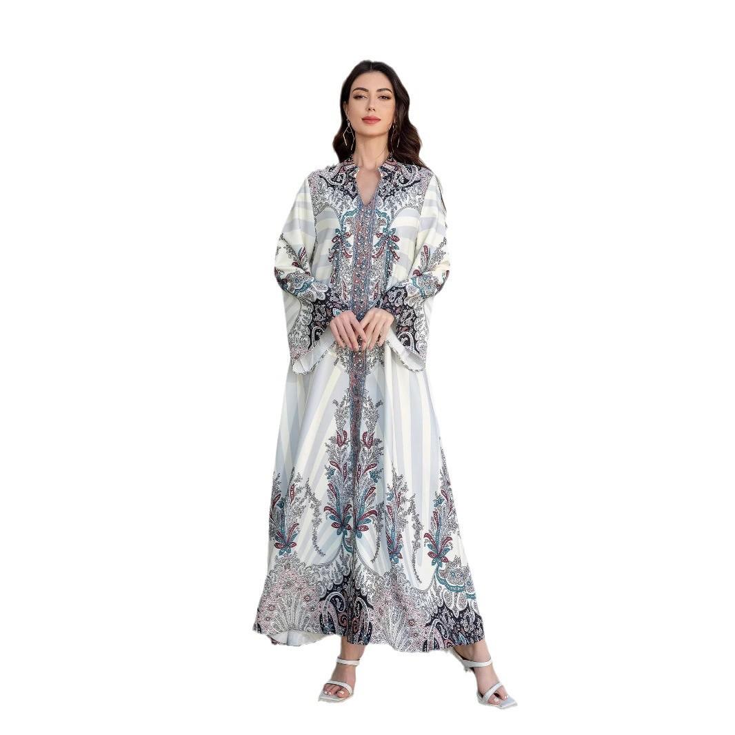 Muslim Ladies Long Dress Printed Diamond Embellished Stand Collar Abaya New Style Cross-Border Middle East Clothing