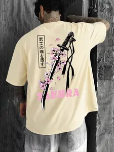 Men's Samurai Katana Sakura Graphic Tee, 100% Cotton Oversized Japanese Streetwear, Slim-Fitting Long Sleeve Top Without Zipper