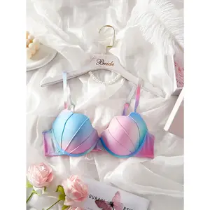 Women's Pastel Gradient Push up Bra Vertical Rib Shell Thin Cup Sexy Bra Comfort Underwire Lingerie Top
