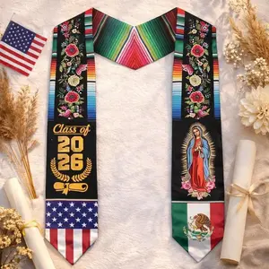 Mexican American Graduation Stole Class of 2026 Serape Grad Sash Virgen de Guadalupe Senior Stole USA Mexico Flag Graduation Stole