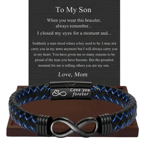 "To My Son" Braided Leather Bracelet - Meaningful Daily Wear Jewelry with Gift Card, Birthday & Christmas Gift from Parents