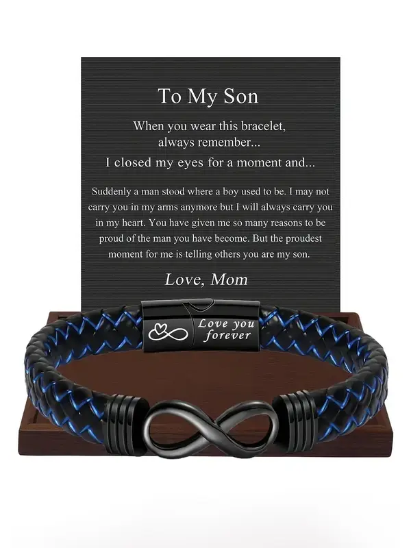 "To My Son" Braided Leather Bracelet - Meaningful Daily Wear Jewelry with Gift Card, Birthday & Christmas Gift from Parents