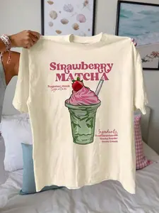 Women's Strawberry Milkshake Round Neck Graphic Tee, Fashion Casual Short Sleeve T-shirt for Daily Wear, Ladies Summer Clothes, Top