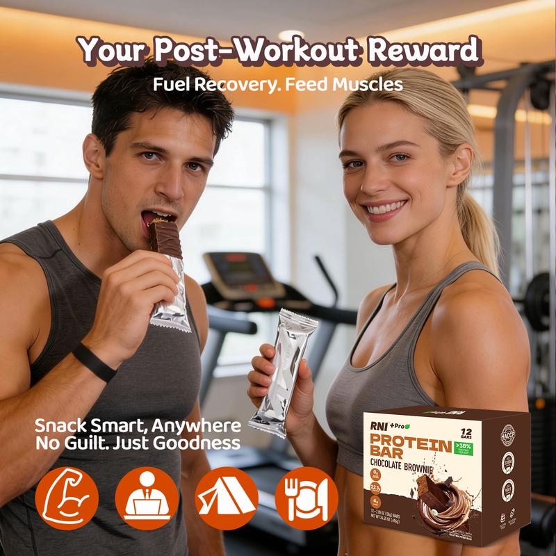 RNI Chocolate Brownie Protein Bar with 22g Protein (38% High Protein) — Zero Sugar, Gluten Free, Low Calorie with Protein Crisps, Keto-Friendly, Nutritious Snacks to Support Energy, Perfect for Post-Workout & Healthy Snacking, 12 Bars