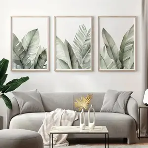 3 Pieces Optional Wooden Frame Abstract Plant Home Decor Modern Green Plant Wall Poster Creative Ideal Home Gift HD Giclee Wall Poster Color Accurate Reproduction Hanging Painting Flat Anti-Wrinkle Art Canvas