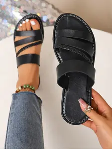 Women's Woven Multi-Band Flat Lightweight Rubber Sole Sandals, Vintage Bohemian Style, Versatile, Summer Casual Outdoor Shoes, Easy Match with Leisure