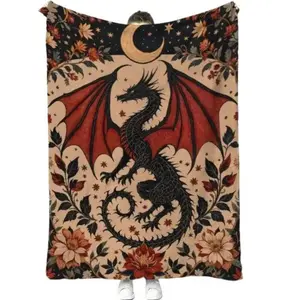 60"x80" Bohemian Dragon Throw Blanket, Soft Cozy Gothic Floral Moon Flannel Blanket, Lightweight Printed Blanket