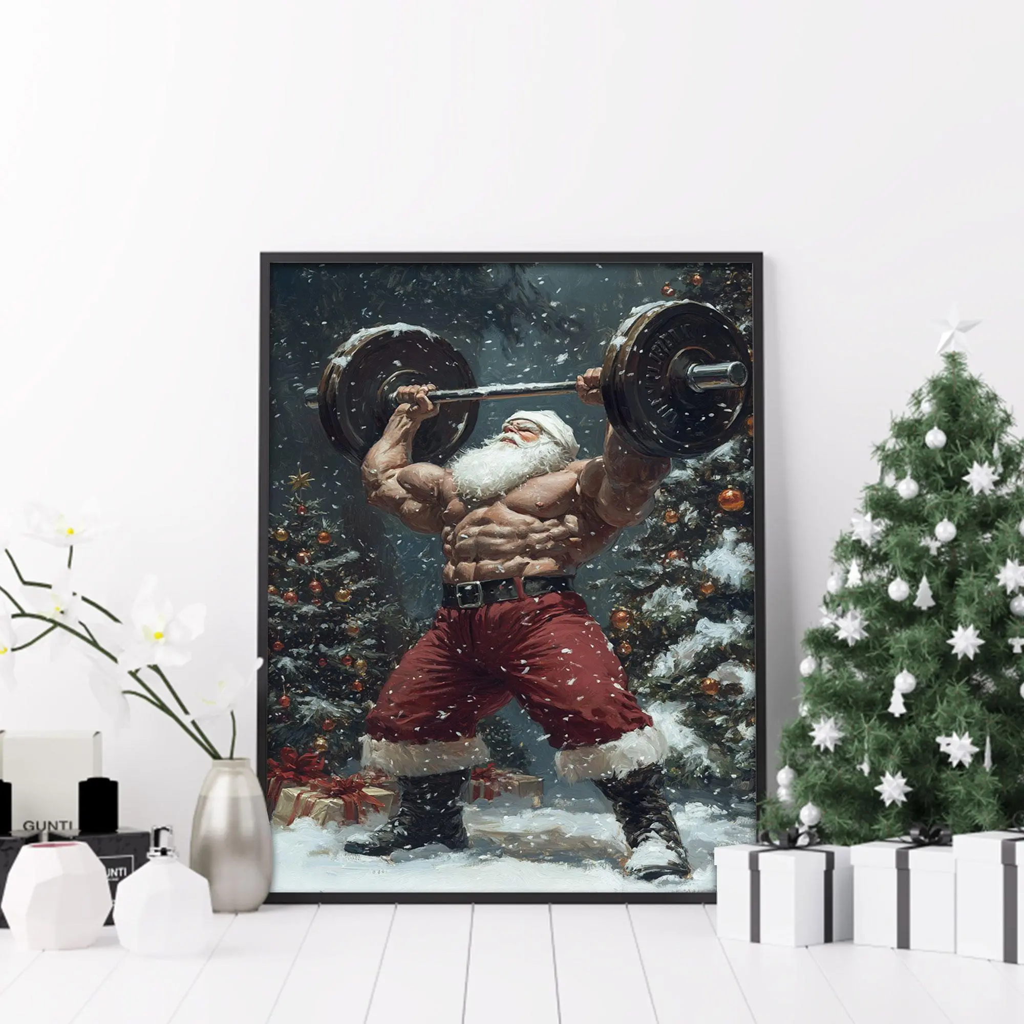 Muscle Santa Clause Poster, Santa Weightlifting Christmas Wall Art, Christmas Vintage Home Decor, Christmas Gift for Gym Lover