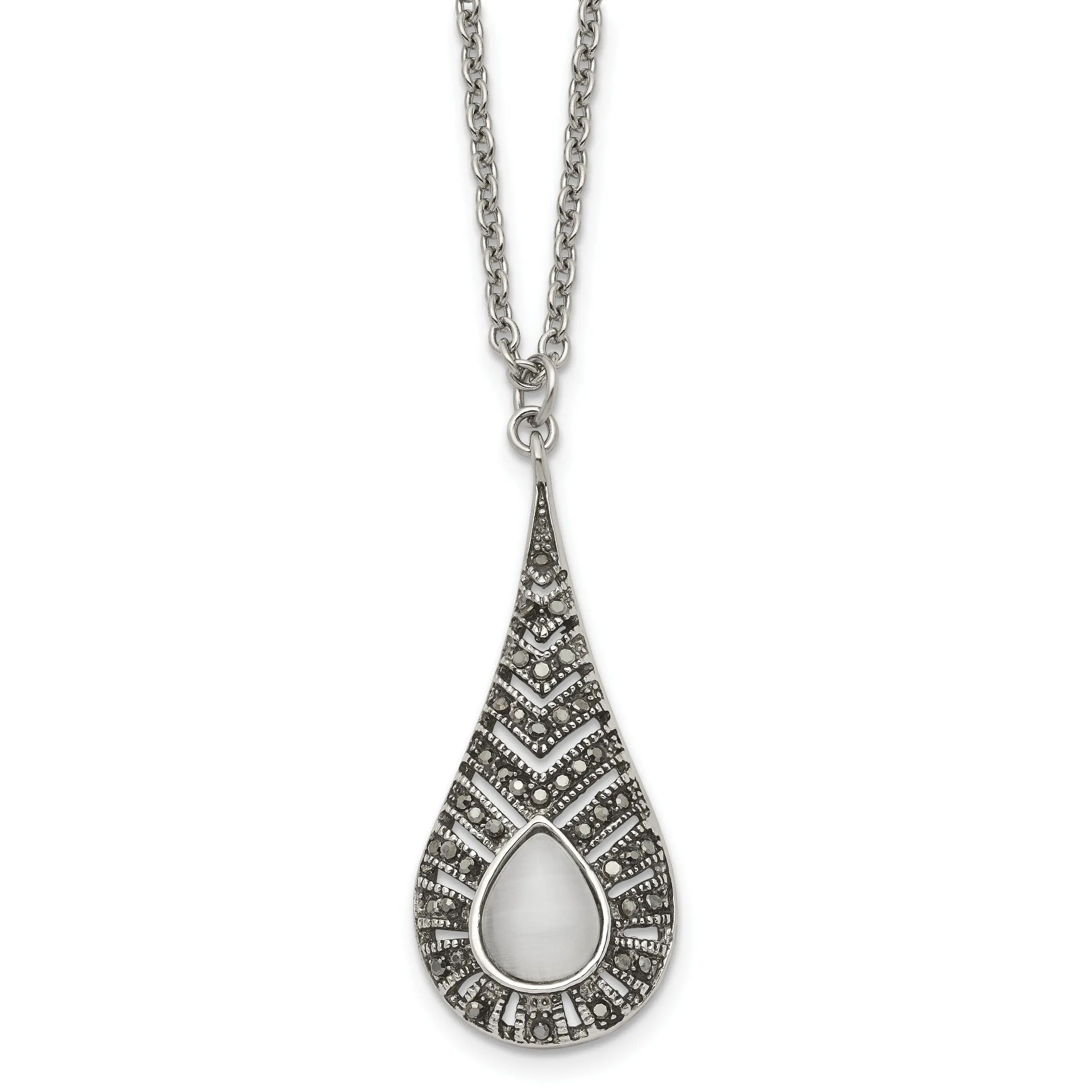 Stainless Steel Polished Necklace, 18 in Length, 2 mm Width, 49 mm Size, Adorned with Marcasite and Cat's Eye, Note: Choking Hazard Small Parts, 2Mm Chain