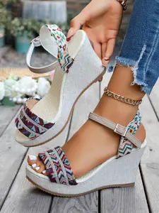Summer High Heel Wedge Sandals, Women Stylish Waterproof PU Roman Slippers, Baroque Pattern, Less Than Ankle Height, Perfect for All Seasons