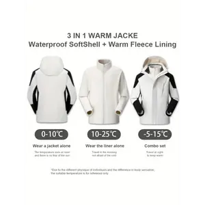 Women's 3-in-1 windproof and waterproof sports jacket with casual contrasting design, detachable hat and warm lining, skiing, mountaineering, hiking in autumn and winter