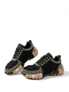 Women's Rhinestone Checkered Dad Shoes, Thick Sole Height Boost Anti-Slip, Casual Sporty Footwear, All-Season Textile Rubber Soles