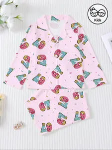 Fire Retardant Fabric Sleepwear Set, Cute Cartoon Print Long Sleeve Top & Elastic Pants, Casual All-Season Kids Pajamas, Fruit Print Pajamas