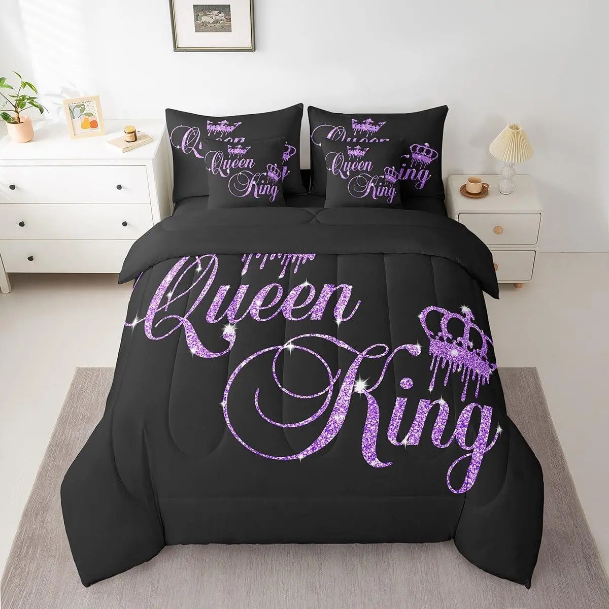 Crown and Couple Bedding Set His and Hers Bed in a Bag for Teens Women Men Black Purple ,Lover Romantic Valentine's Day Decorations Bed Set All Season(No Glitter)