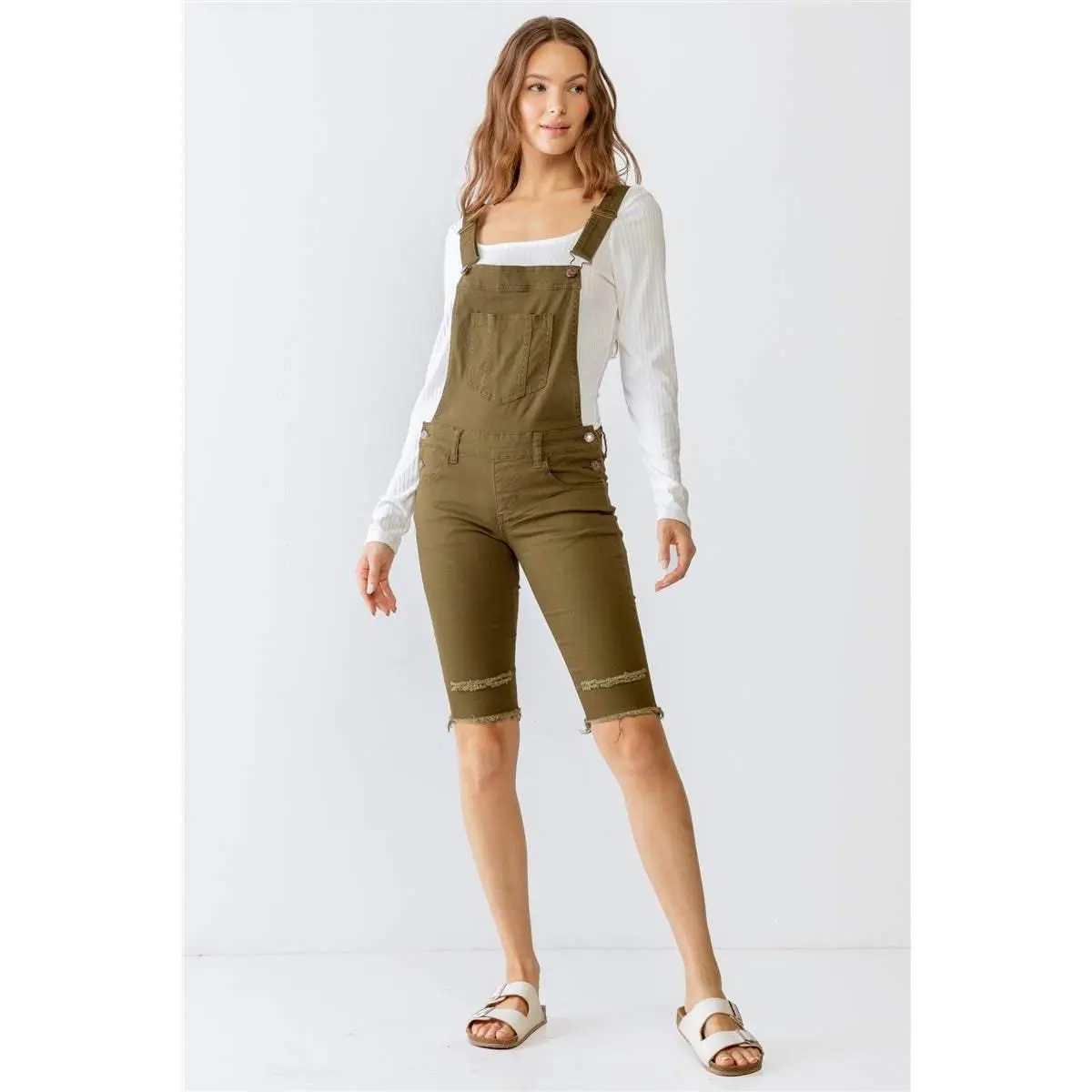 Olive Denim Distressed Detail Raw Hem Cropped Bermuda Overall