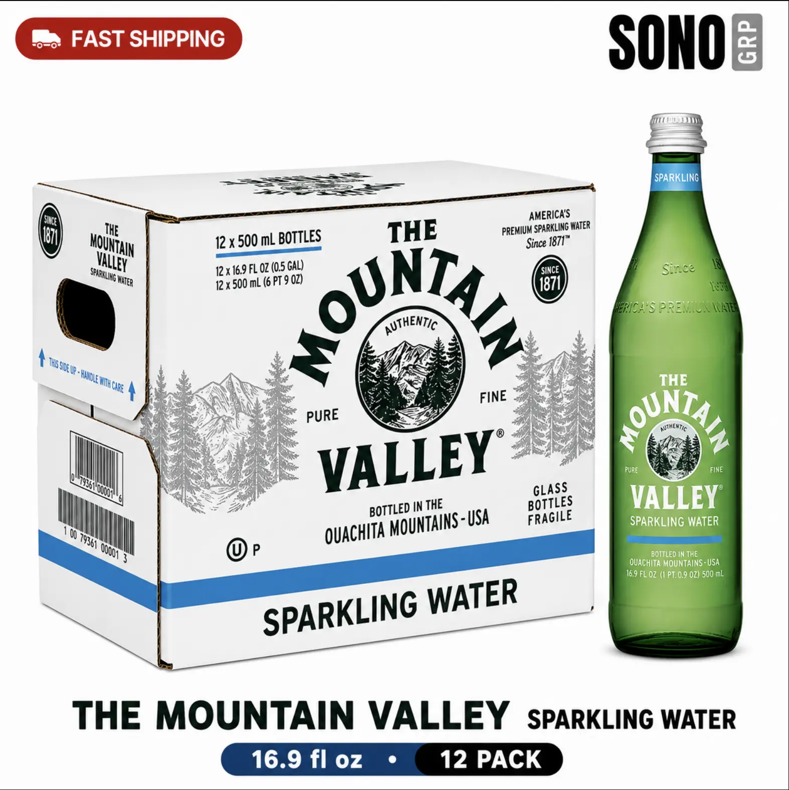 Mountain Valley Water Sparkling Water, 12-Pack Glass Bottles (16.9oz/500ml) - Naturally Balanced Minerals for Crisp, Clean Drinking Experience
